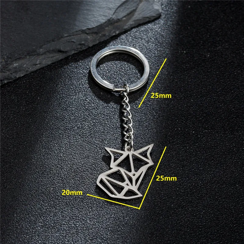 Origami Fox Stainless Steel Pendant Key Chain Geometric Animal Keyring Jewelry Girls Handbag Car Keychains Gifts Accessories
