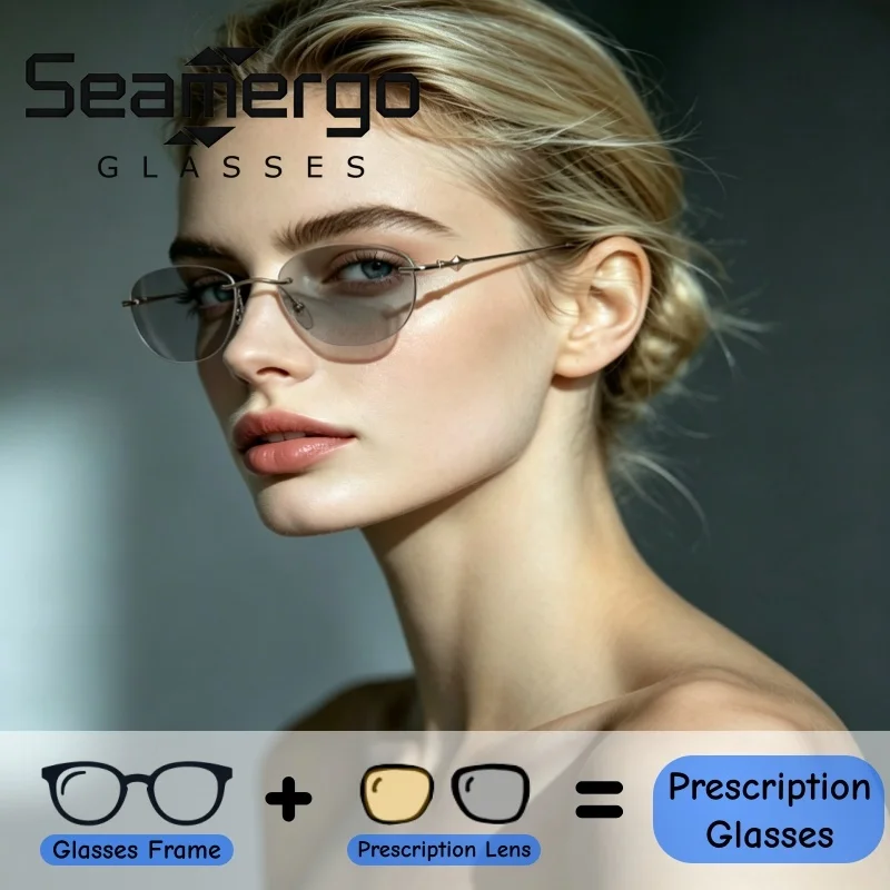 SEAMERGO Women's Luxury Frameless Edge Cutting Photochromic Prescription Glasses with Box Customized Lenses with Recipe