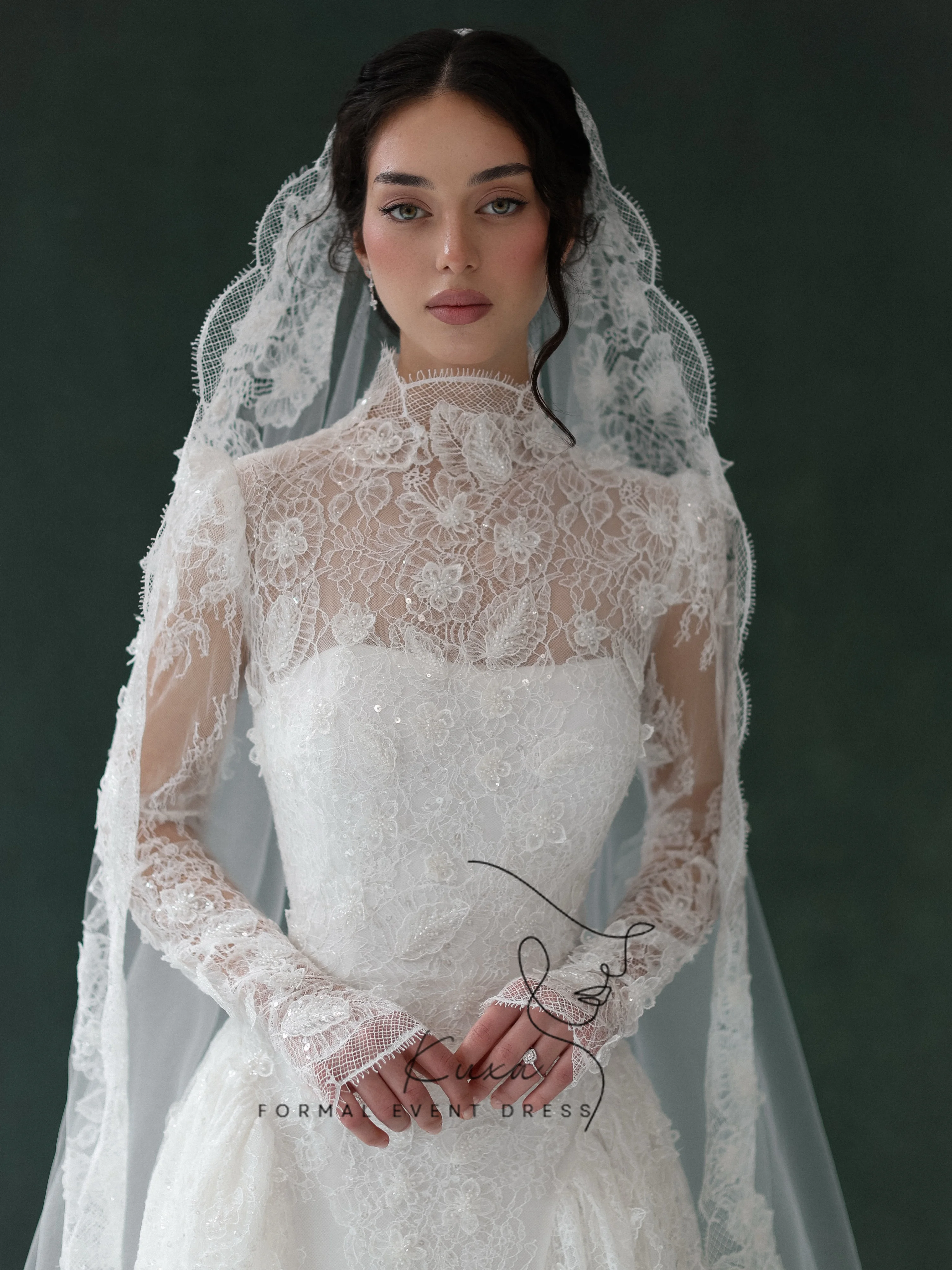 KUXA Elegant High Neck Long Sleeves Wedding Dresses Full Lace Appliques A-Line Cathedral Train Bridal Gowns Customized 2027