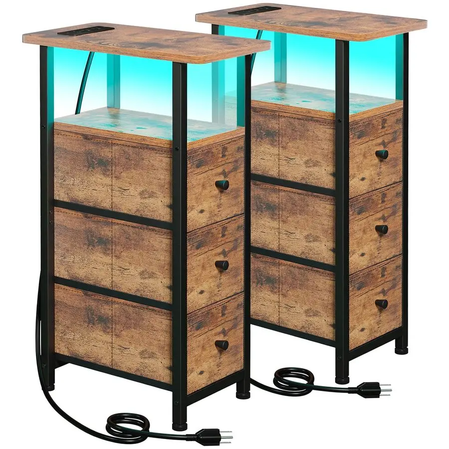 

Narrow End Tables Living Room Set of 2 with Charging Station, Skinny Side Table with Fabric Drawers, Slim LED Nightstand for Be
