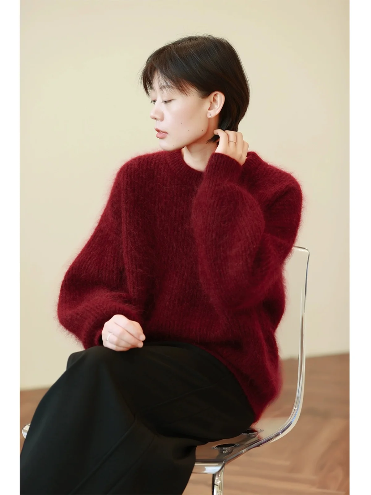 

Женский вязаный свитер винного цвета с длинными волокнами, зимний, новогодний, свободного кроя, с круглым вырезом, тонкий, теплый, согревающий