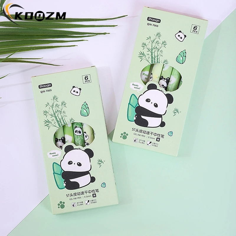 Cute Cartoon Panda Gel Pen, Adorável pressionando canetas, Canetas de escrita suave, Material de papelaria de estudante escolar, Engraçado, 4 pcs por pacote, 6pcs por pacote