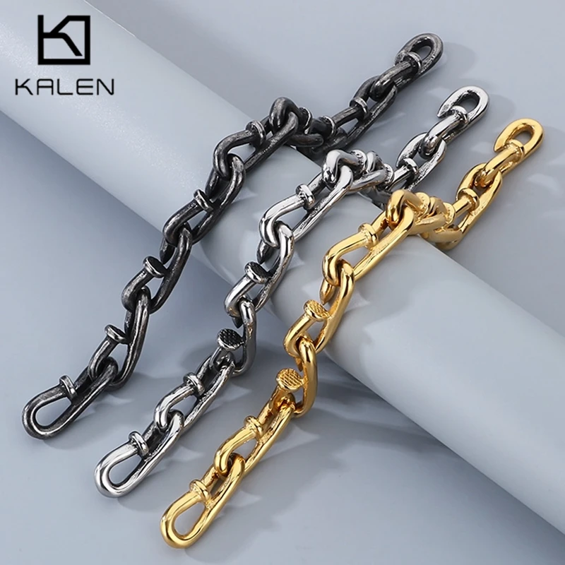 KALEN 12mm Vintage Nail Link Chain Bracelet Men Stainless Steel 316L Identity Jewelry Gold Color  Accessories