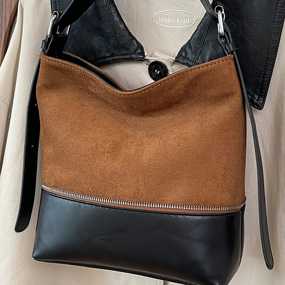 Women's Delicate Pu Patchwork One Shoulder Bag Autumn Winter High Grade Versatile Bucket Bags Casual All-Match Crossbody Packs