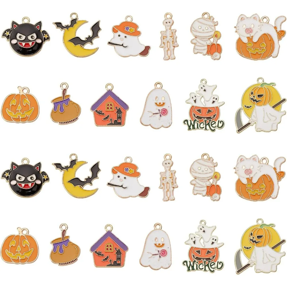 1 Box 24Pcs 12 Style Halloween Charms Pumpkin Charms Ghost Charms Bulk Autumn Candy Trick or Treat Pumpkin Charm Cat Charm