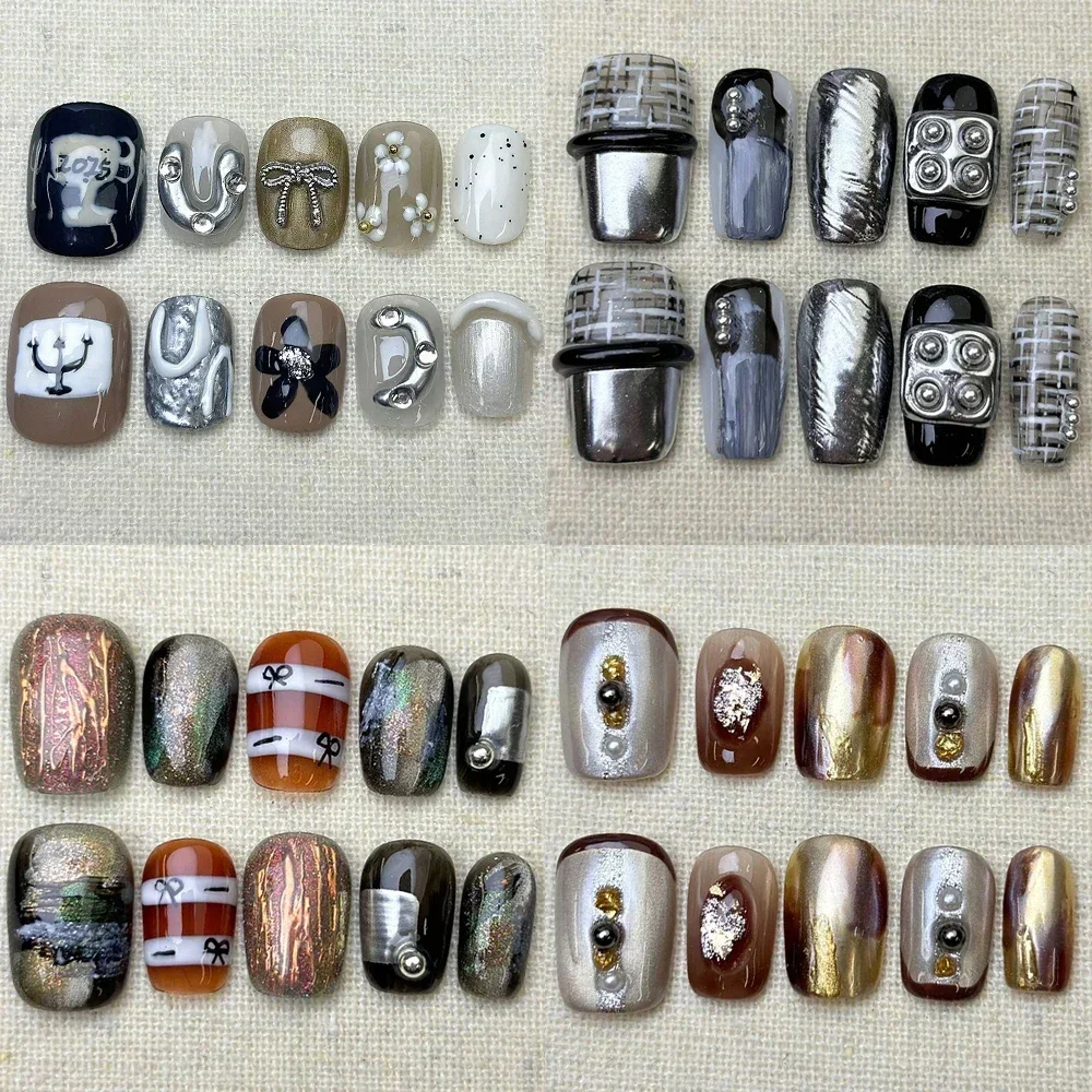 

10Pcs Short Square Round High Quality Fake Nail Gilded Cat Eyes Gold Silver Sequins Pearl Sweet Cool Detachable Full Cover Nail