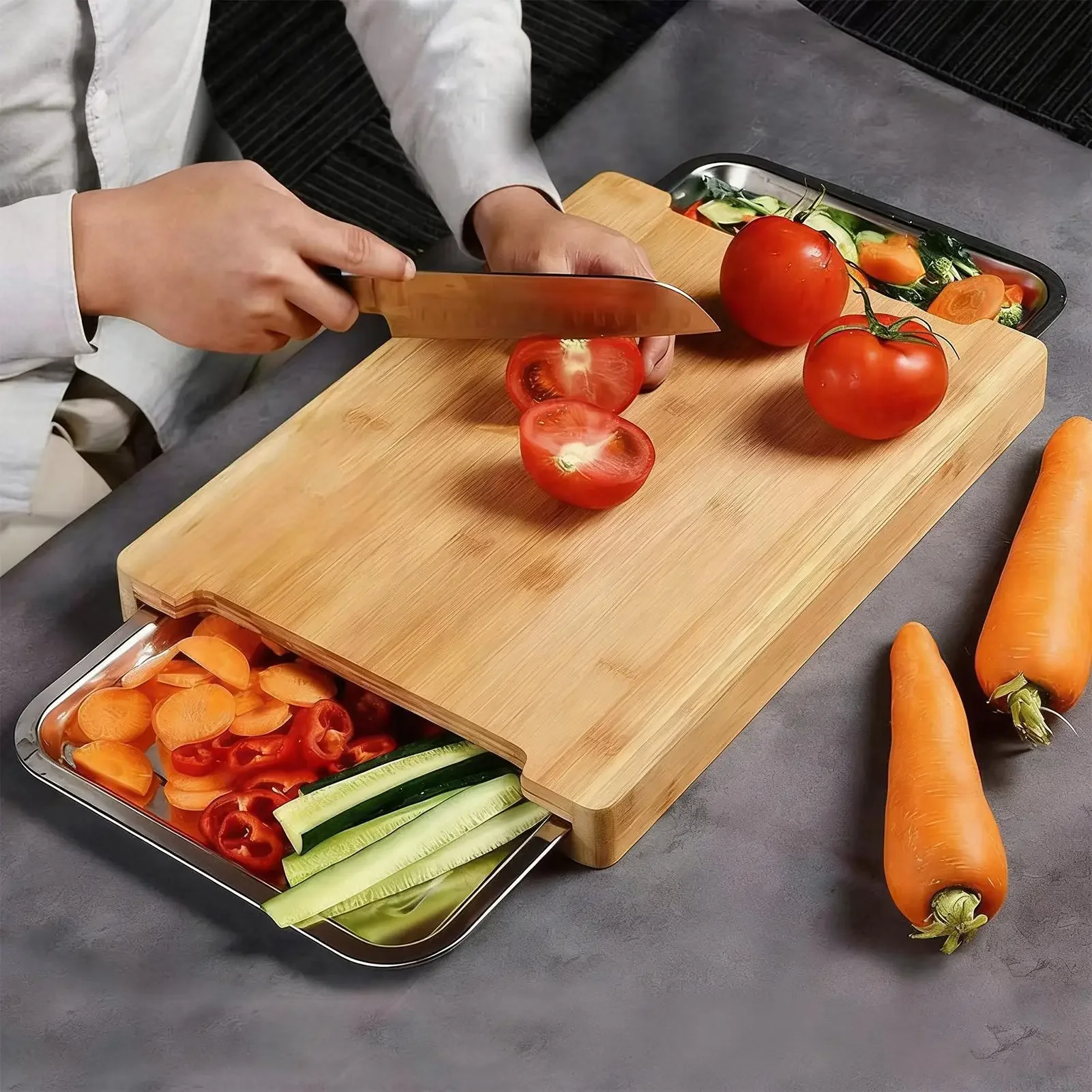 Picture 4: Kitchen Eco-friendly Bamboo Cutting Board with Sliding Stainless Steel Tray Drawer Bamboo Cutting Board for Food Preparation