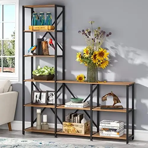 9 Shelves Bookshelves, Industrial Ladder Corner Etagere Bookcase, Rustic 6-Tier Display Open Shelf Storage Organizer for Living