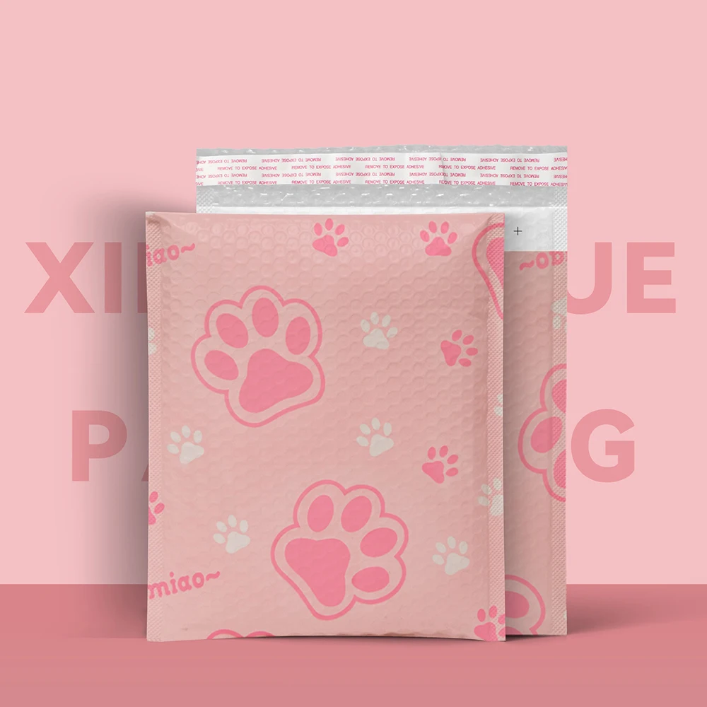 50Pcs/Lot Light Pink Plastic Bubble Bags Cute Cat's Paw Printed Express Bag Shockproof Packaging Envelope Bubble Mailers Pouches