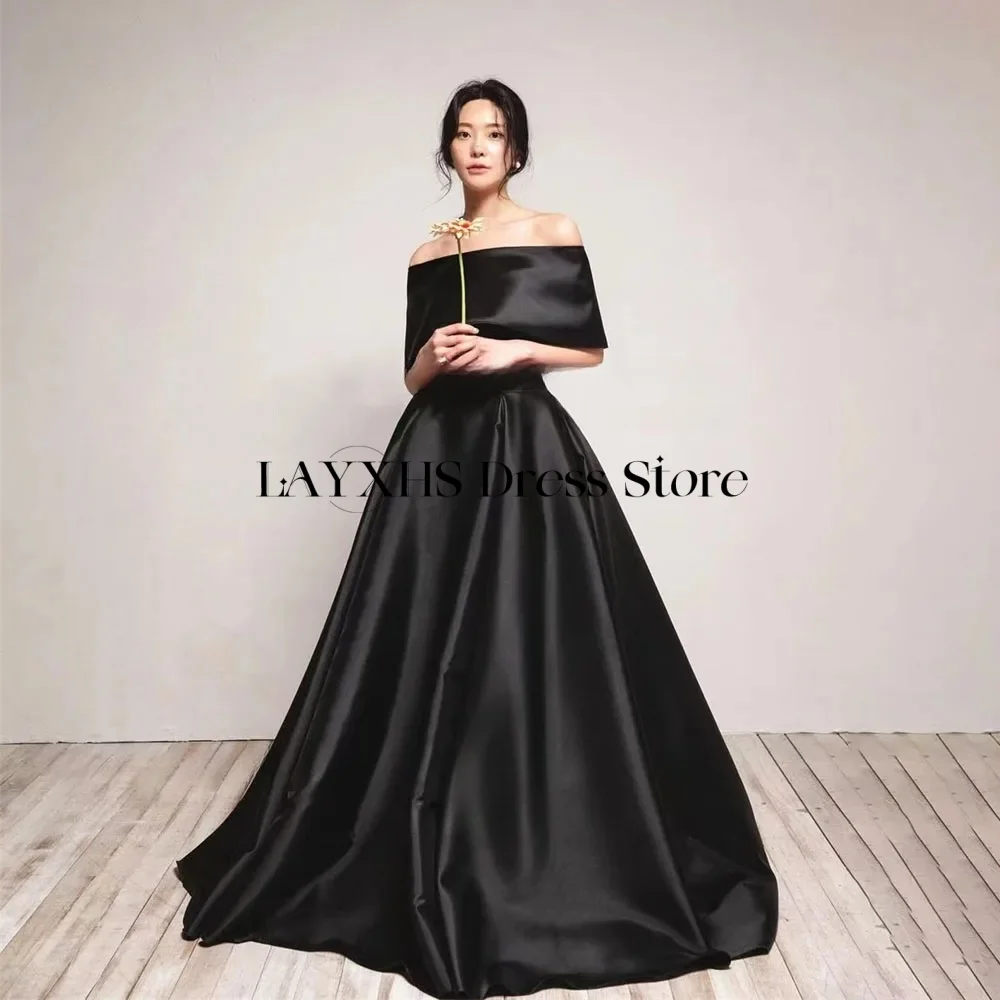 

Simple Black Satin Evening Dresses A Line 3-types Off Shoulder Bow Korea Photo Shoot Wedding Party Dress Customized Prom Gown
