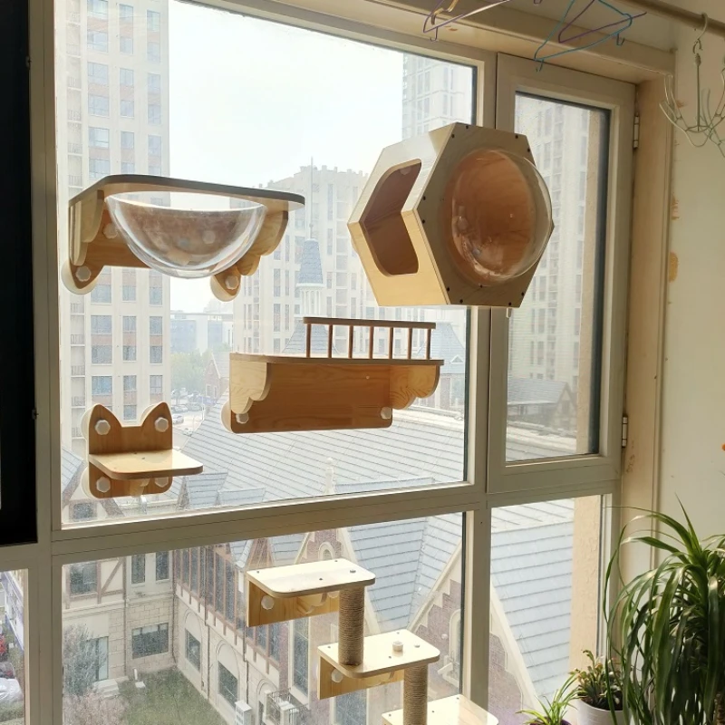 

Glass Wall Cat Climbing Frame Perforated-free Solid Wood Sisal Suction Cup Space Capsule Jump Cat Nest Cat Bed Pet Products