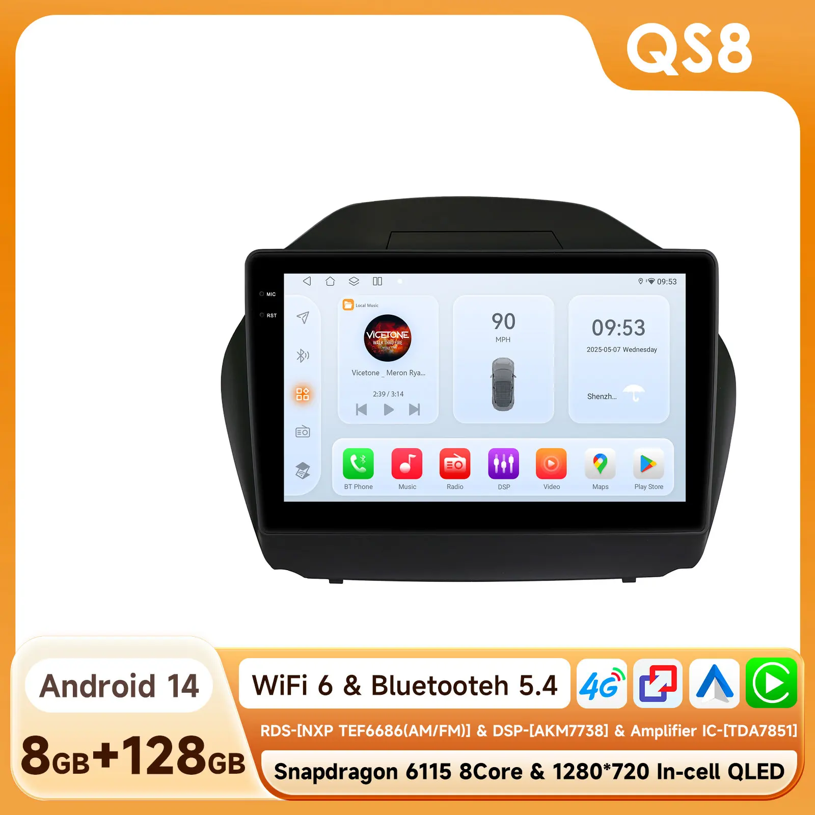 Hizpo 8-Core 2-DIN Android 14 autoradio voor Hyundai Tucson 2 IX35 2011 - 2017 met CarPlay, GPS, AI, 4G, BT5.4 door Qualcomm Snapdragon 6115