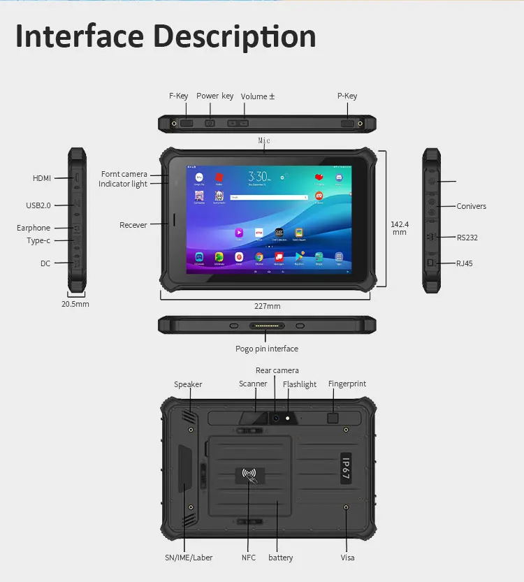 Industrial Rugged Tablet Pc High Brightness 1000 Nits 10000mAh 8 Inch Android Industrial Tablet Barcode Scanners
