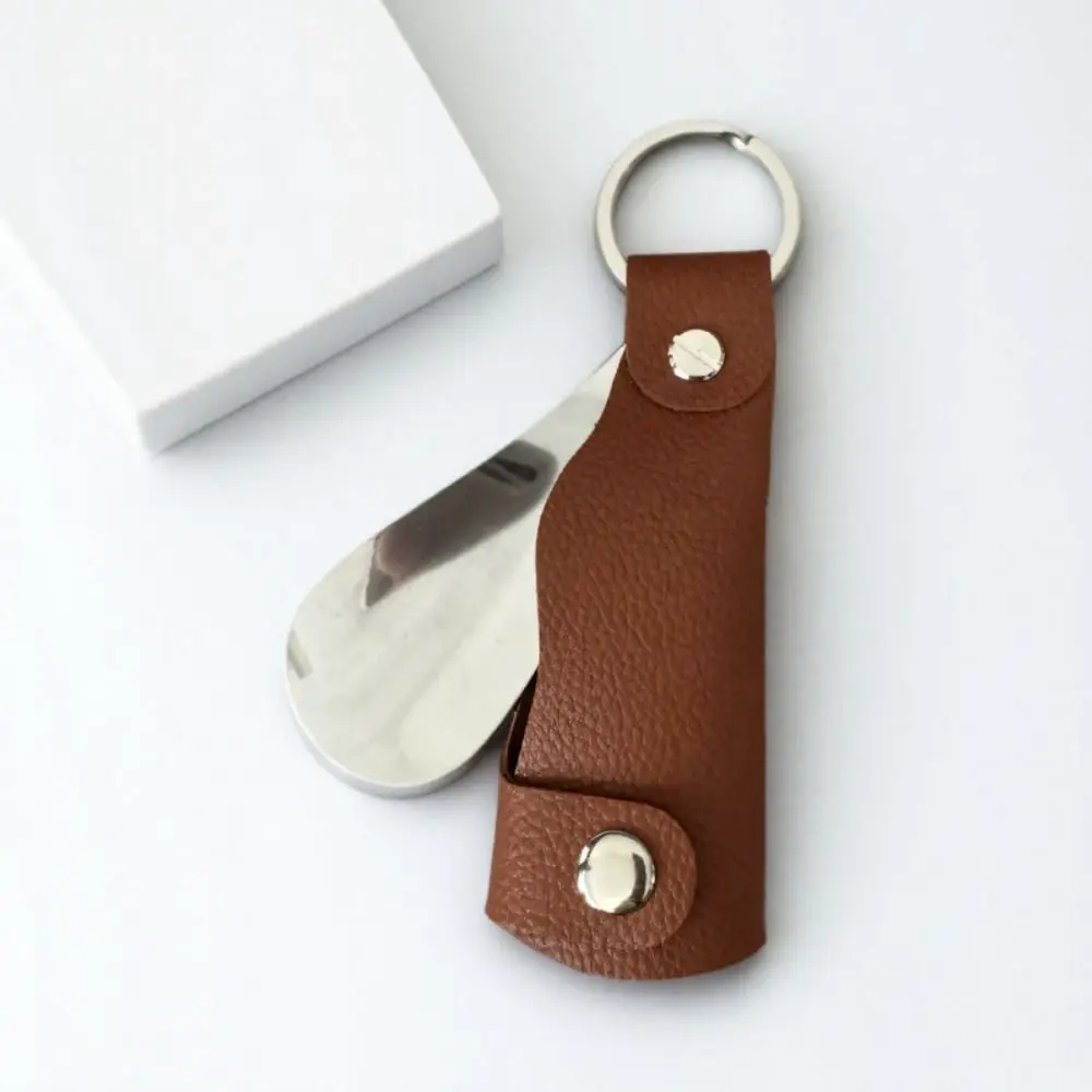 Pengait Sepatu Mini Tahan Lama Gantungan Kunci Portabel Mudah Digenggam Bahan Stainless Steel Alat Bantu Pakai Sepatu Kulit PU Praktis untuk Perjalanan