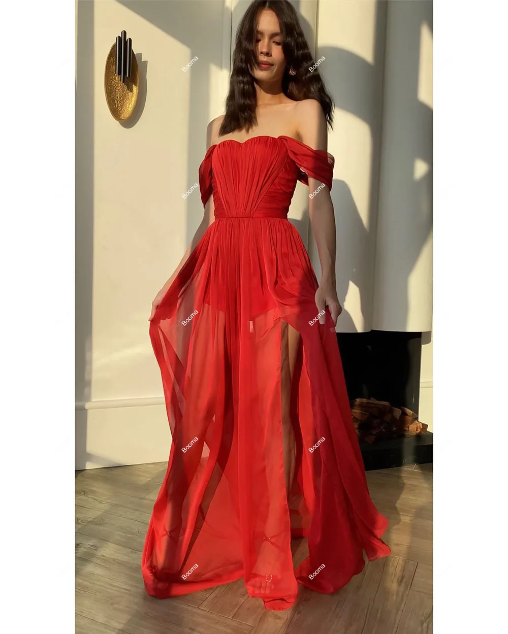 Booma Red Chiffon a-line abiti da ballo con spalle scoperte pieghe abiti da festa abito da sera con spacco alto abito per occasioni speciali per eventi