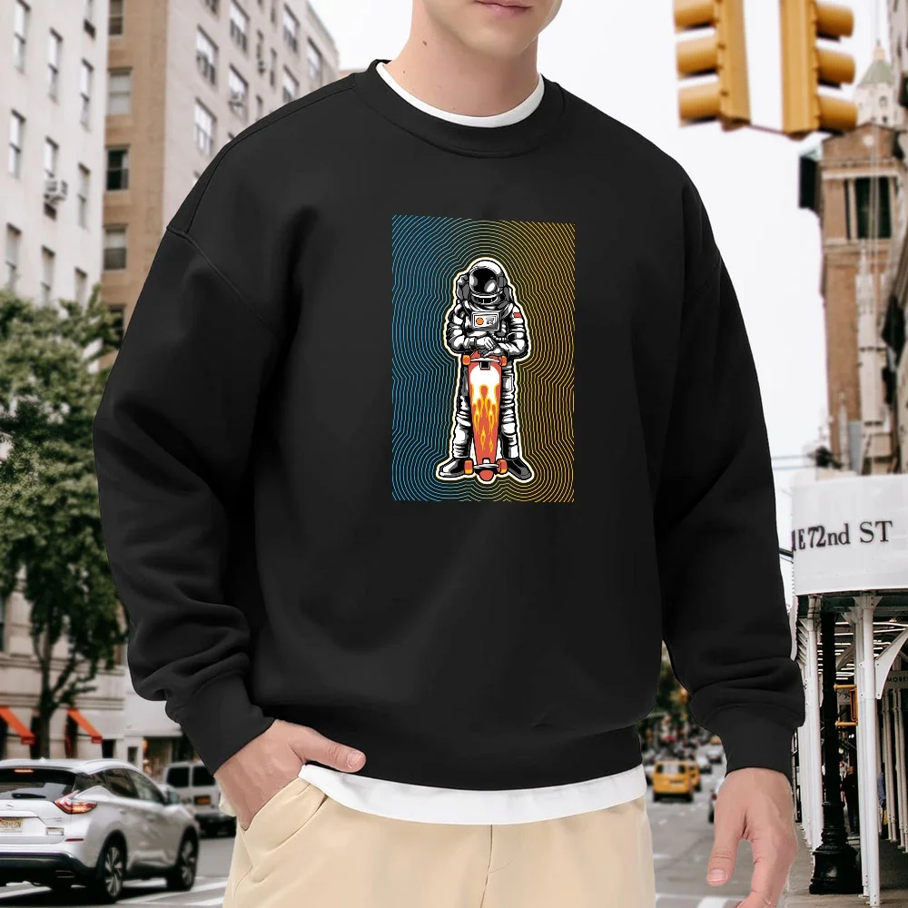 

Men's Black Crewneck Sweatshirt with Astronaut Skateboard Print, Loose Fit, Street Fashion Casual Top, Comfortable and Versatile for Everyday Wear, Polyester Fabric