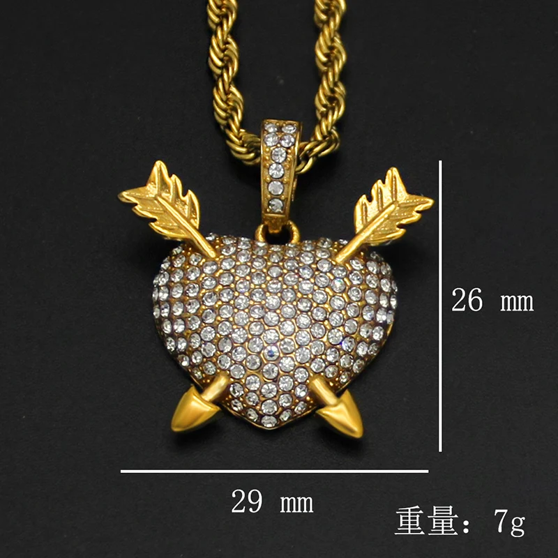 Hip Hop Full Rhinestone Paved Bling Iced Out Stainless Steel Shot Heart Pendants Neckalce for Men Women Lovers Rapper Jewelry