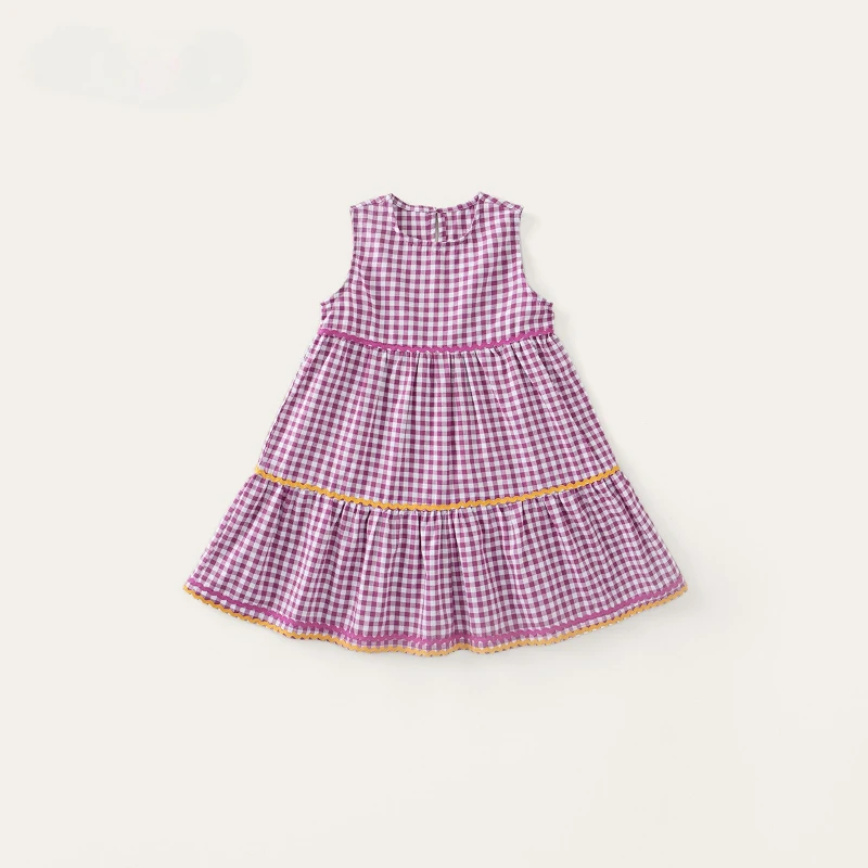 

2026 Summer New Hot Selling Purple Small Grid Splicing Colorful Waist Line Design Dress for Children