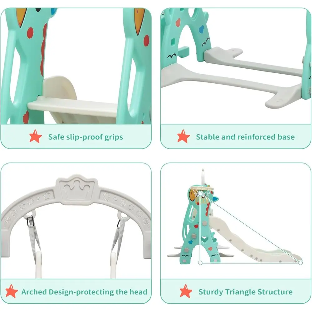Conjunto de escorregador e balanço infantil 6 em 1 Neekoy para crianças, balanço infantil com cesta de basquete, adequado para playground cinza e verde