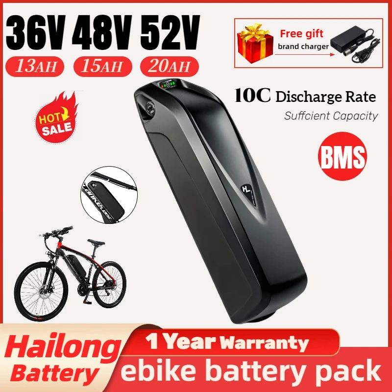 

Original E-bike Hailong 36V 48V 20AH Battery Downtube 52V Electric bicycle Rechargeable Battery 30A BMS 21700 18650 Cells 1000W