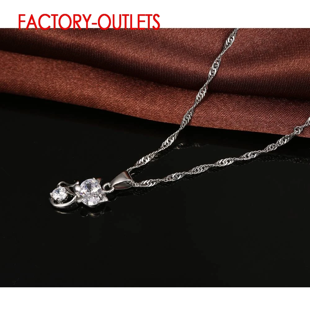 Genuine 925 Sterling Silver Cubic Zirconia Wedding Jewelry Sets CZ Crystal Cute Animal Cat Necklace Earrings Female Club Party