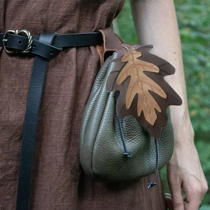 

Medieval Drawstring Leaf Waist Bag Leather Elven Pouch Bag Coin Purse Woodland Elf Accessory Belt Elf Halloween Costume prop