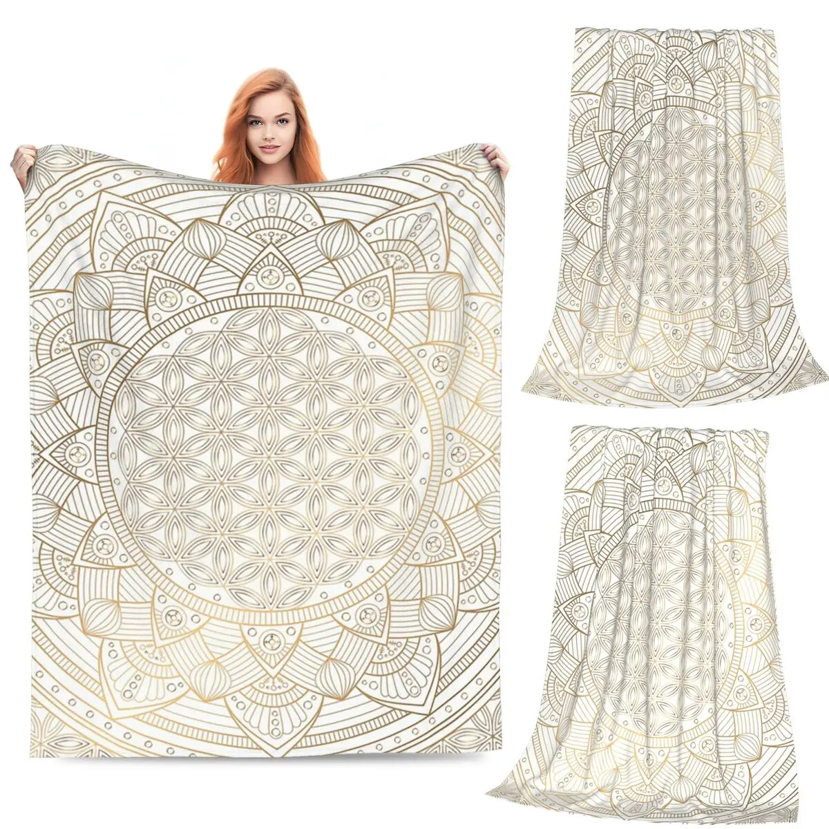 

The Flower Of Life Gold Mandala Pattern Blanket Fleece Sofa Throw Blanket Breathable for Couch Bedding Throws Bedspread Quilt