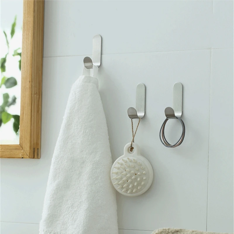 8PCS Strong Stainless Steel Self-Adhesive Wall Hooks Waterproof Sticky Hooks Bathroom Hang Towel Keys Coat Bags Kitchen Hook