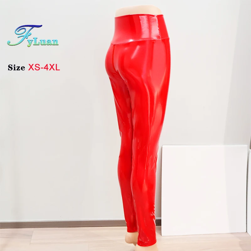 Plus Size  Double Zipper Open Crotch Women Pants Red Shine Leather Exotic Bodycon Slim Nightclub Leggings Ankle-Length Trousers