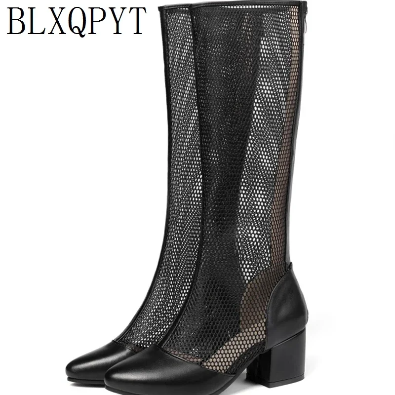 BLXQPYT taglia 32-45 stivali alti al ginocchio da donna tacchi alti cerniera stivali Sexy in rete di pizzo stivali estivi freschi scarpe traspiranti donna C5-19