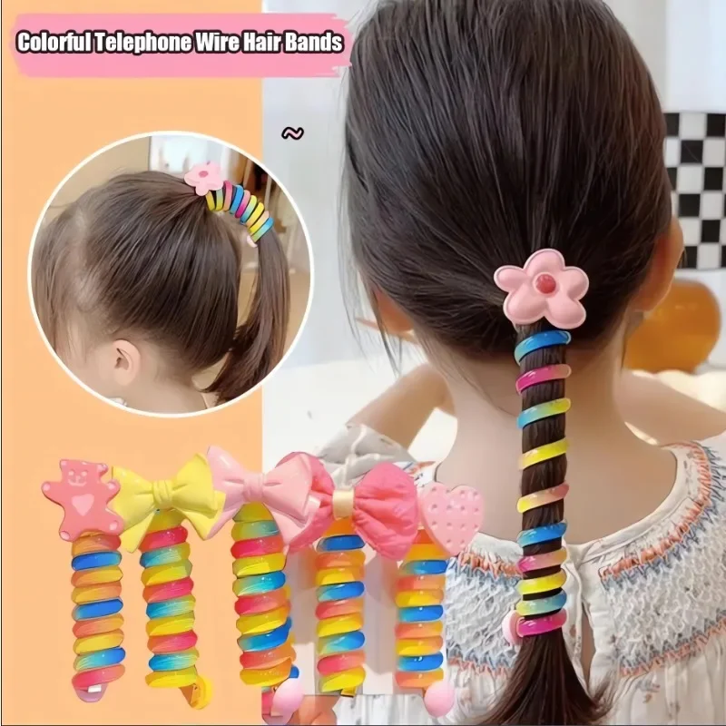 5PCS Girls Telephone Wire Line Ponytail Holder Rubber Band Elastic Hair Band DIY Bowknot Braided Phone Cord Straight Hair Tie