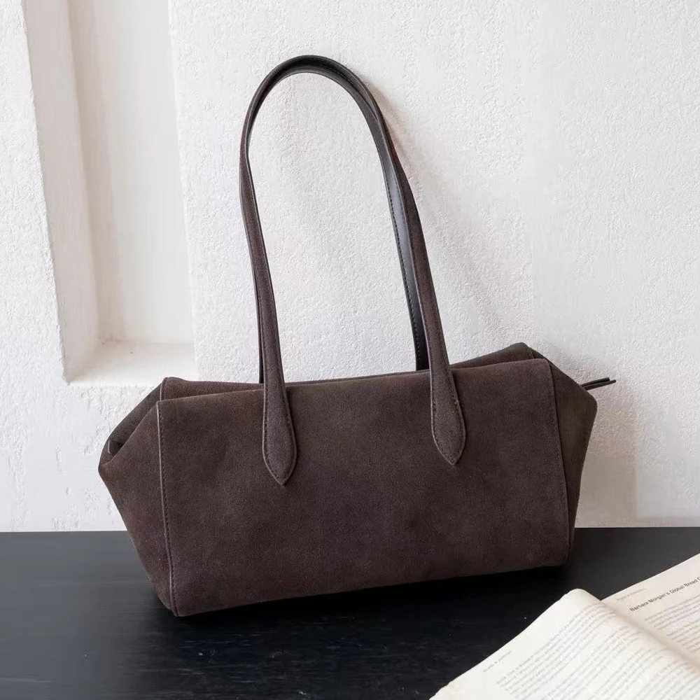 Women's Genuine Suede Leather Boston Bag Vintage Underarm Shoulder Bags Large Capacity Pillow Handbag Ladies Commute Tote Purse