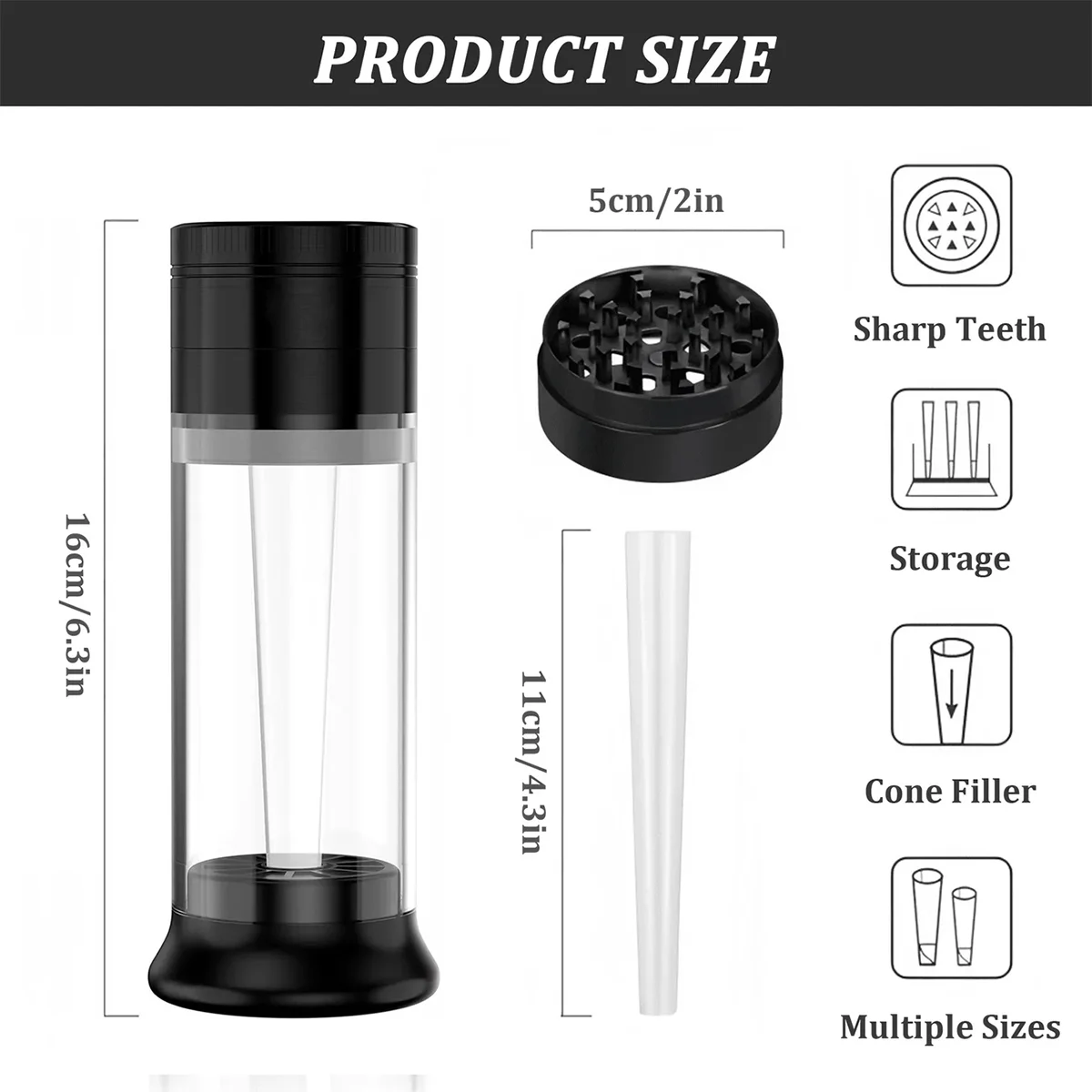 2-Inch 3-in-1 Metal Tobacco Grinder, Herb Cone Loader, Rolling Machine, Blunt Joint Roller, Grinding and Filling Storage All-In-One view 2