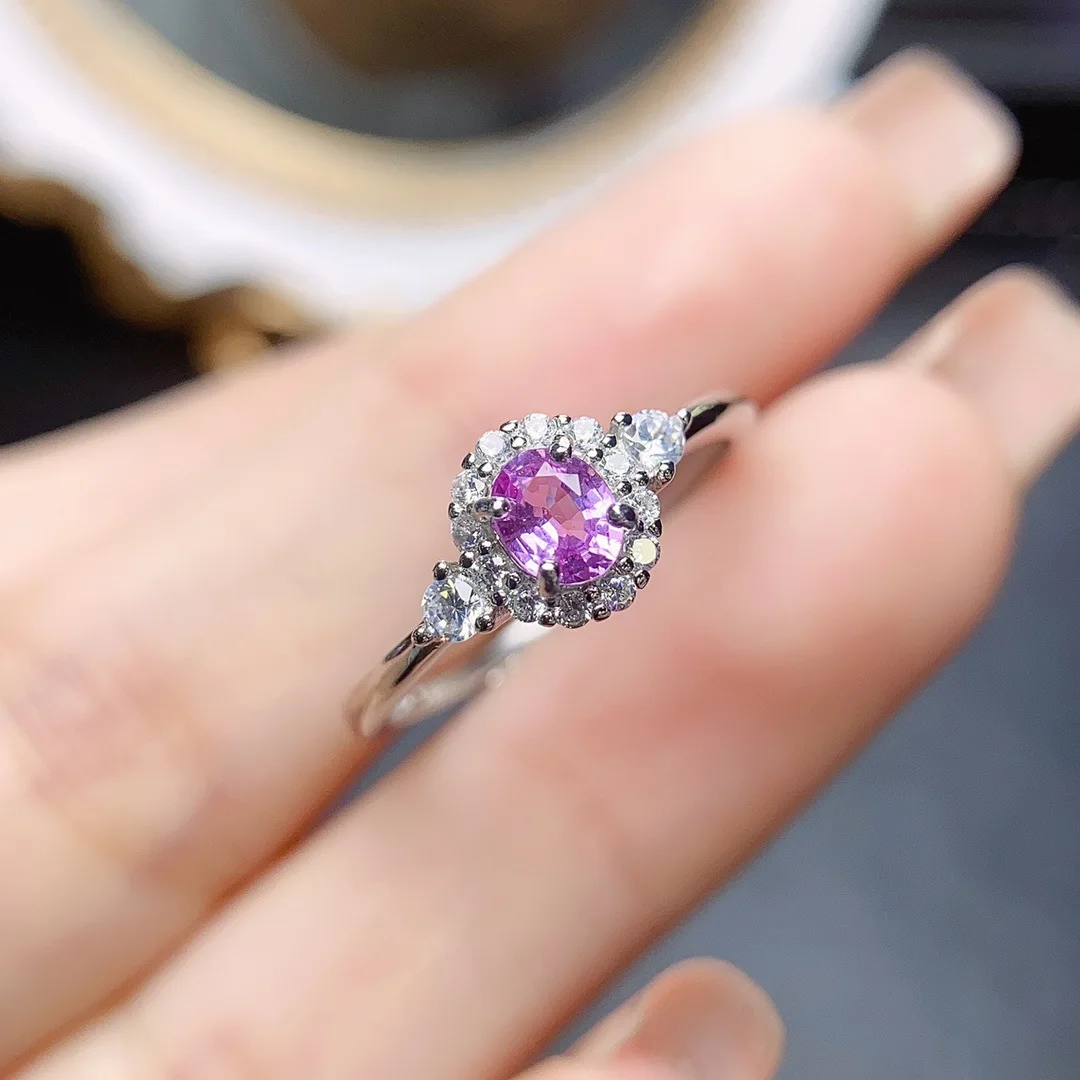 High Quality Oval Cut Pink Sapphire Imitated Gemstone Ring Silver Color Women's Halo Ring Temperament Trendy Vintage Jewelry