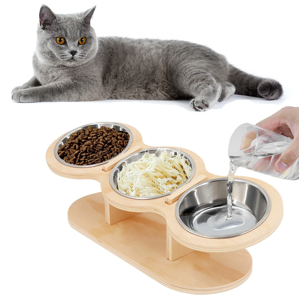 

Elevated Cat Bowl Wooden Pet Watering Supplie & Feeders 3 Stainless Steel Cats Bowls Tiltted Adjustable Pet Food Feeding Bowls