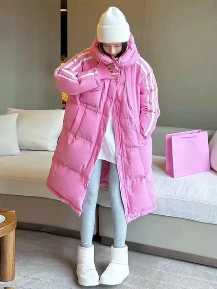 Hooded Duck Down Jacket for Women, Striped Parka, Medium Length, Loose, White, Street Fashion, Trend, Winter