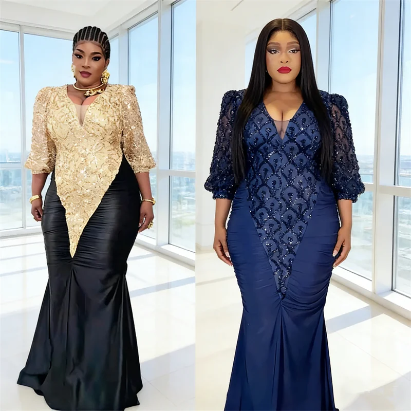 

Plus Size Women V-Neck Evening Fishtail Dress Patchwork Sequined Wedding Gown African Ankara Dashiki Turkey Kaftan Vestidos Robe