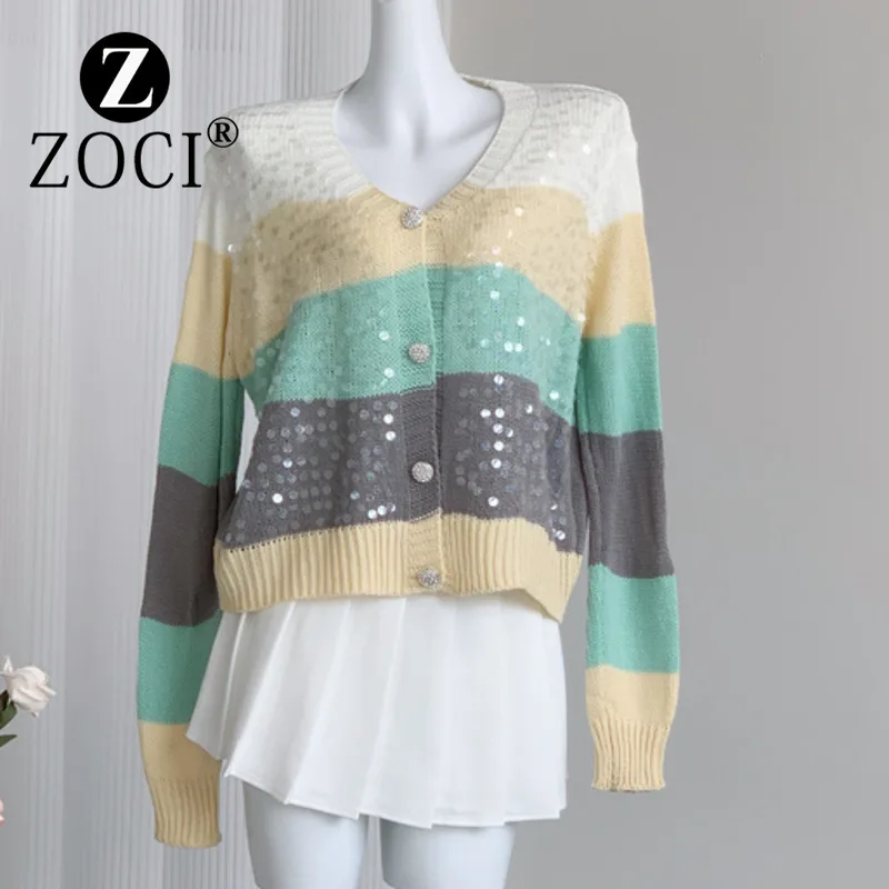 [ZOCI] Color Heavy Industry Sequin Knitted Cardigan V-neck Top Autumn Style, Western Style Loose