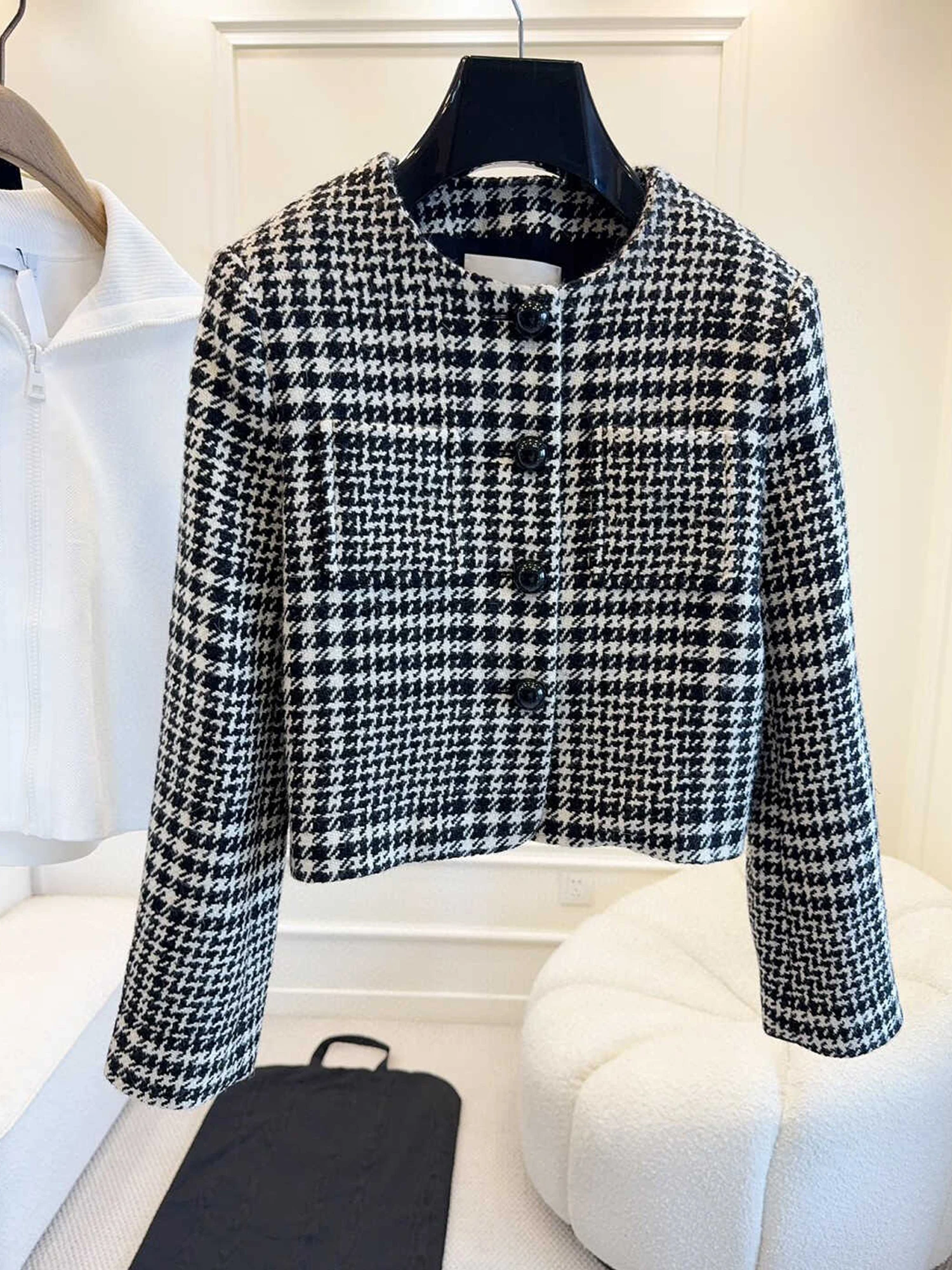 

Elegant Black White Plaid Woolen Jacket Short Outerwear Women's Shoulder Length Button up Warmth Style Graded Straight Cut