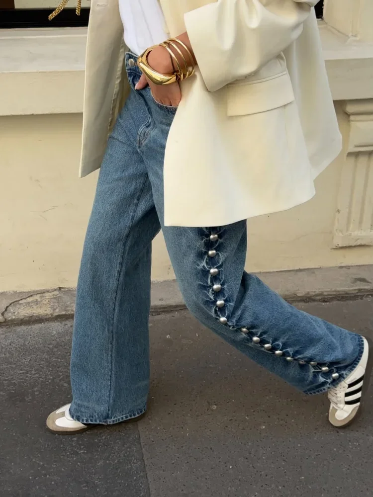 

Модные мешковатые джинсы с боковым бисером для женщин Y2K Джинсовые прямые длинные брюки со средней талией на молнии Женские шикарные брюки с карманами High Street