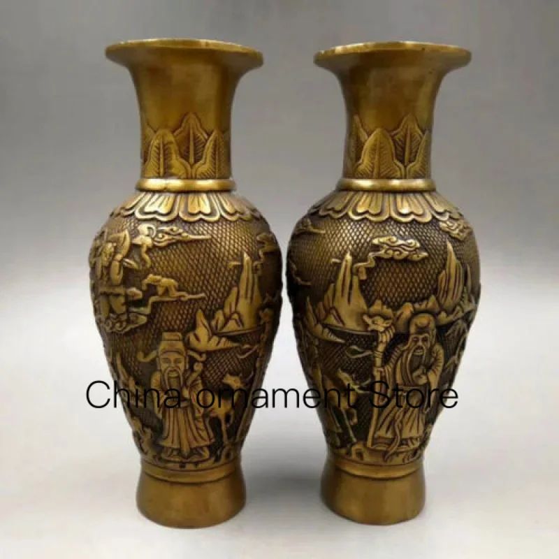 

A Pair of 8-Inch Antique Bronze Copper Vase Rare Carved God Health Longevity Vase