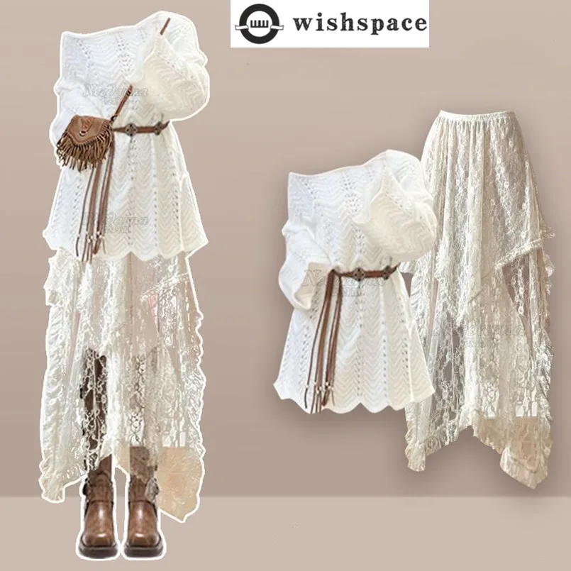 A Complete Set of Women's Clothing for Spring and Autumn with a New Hollowed Out Top and a Slimming Dress Two Piece Set