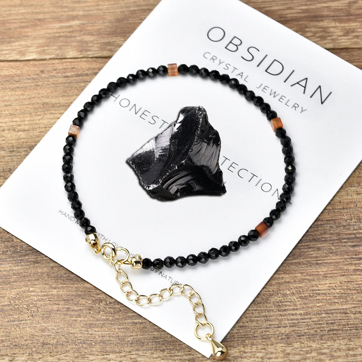 3 mm echte schwarze Obsidian- und Karneol-Glückskristall-Edelstein-Armbänder für Frauen, verkupfert mit 14-karätigem Goldschmuck