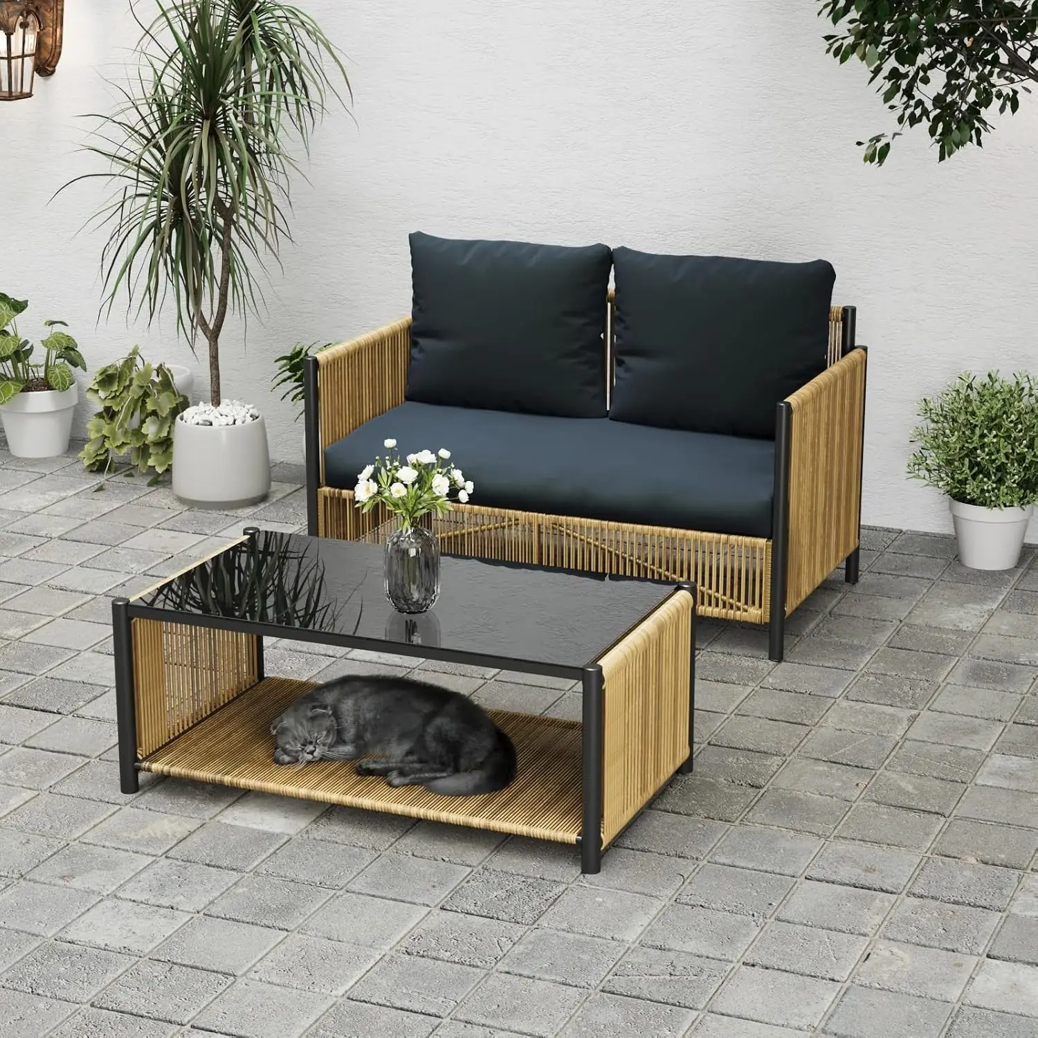 Aluminum Patio Loveseat & Coffee Table Set Rope Outdoor Sofa Thick Washable Cushion Garden Backyard Porch, Customized