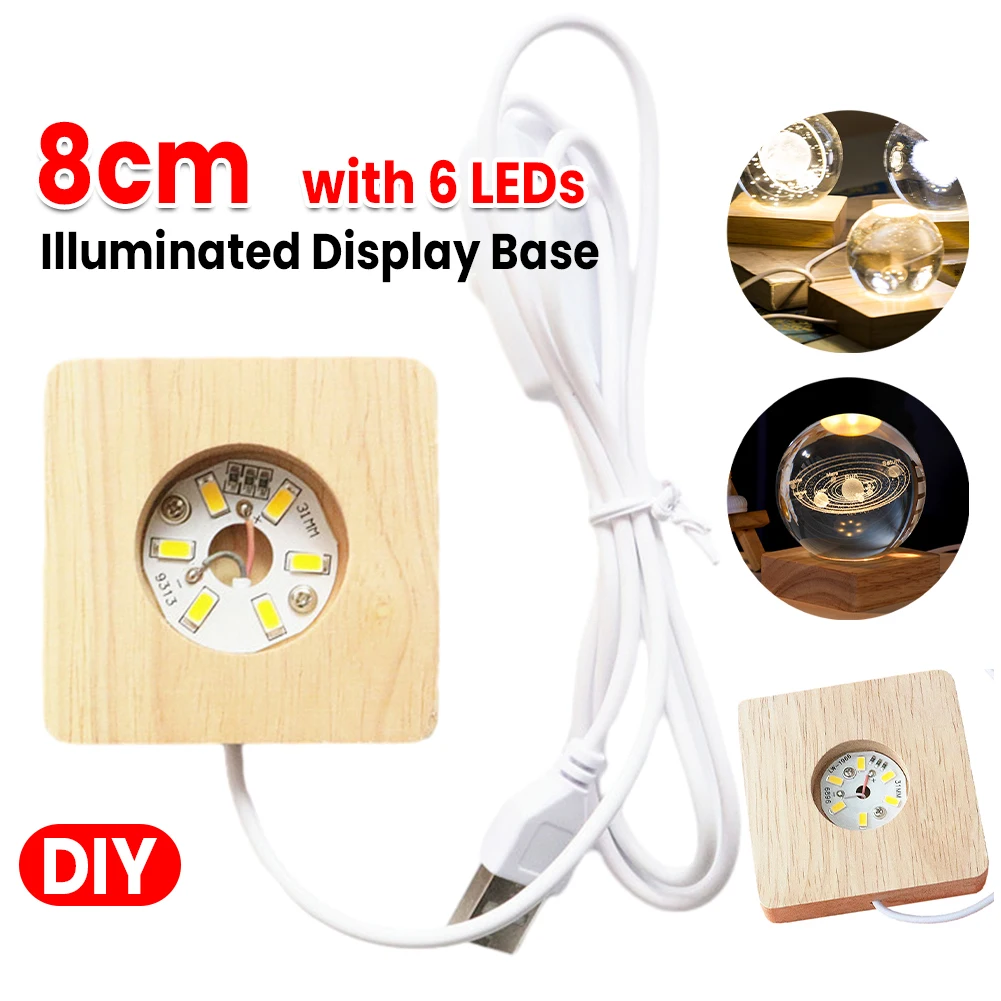 

8cm Illuminated Display Base Wooden Glass Lighted Base with 6 LEDs Warm Light for Bedroom Office Desktop