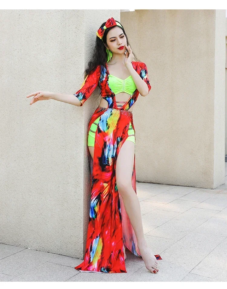 Shaabi Baladi kostum tari perut wanita, 3 buah Set pakaian pertunjukan tari Oriental baju dansa panggung jubah panjang