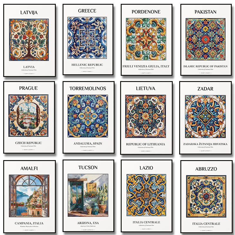 Traditional Travel Tucson Maiolica Marrakech Greece Italy Porto Pattern Poster Wall Art Canvas Painting Print Home Decor Cuadros