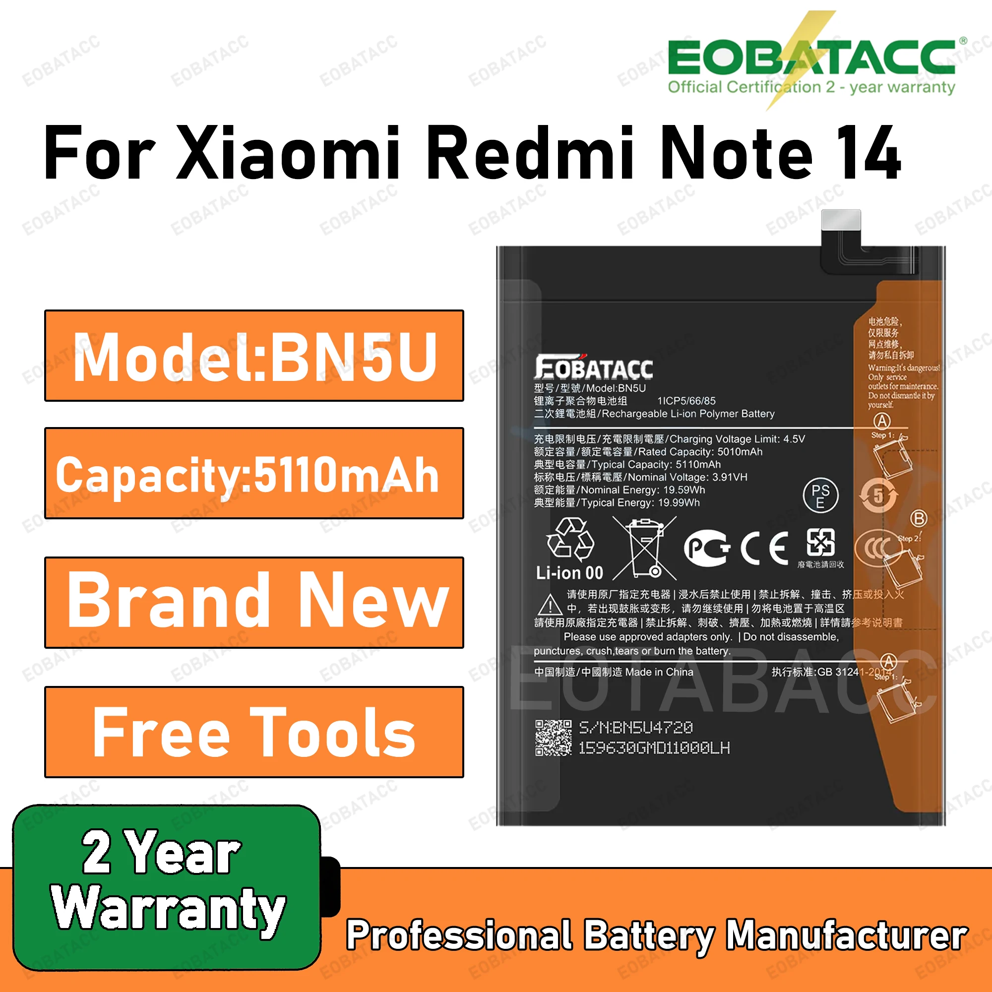 2026 Years EOBATACC 100% New For Xiaomi Redmi Note 14 Note14 BN5U battery 5110mah +Free Tools