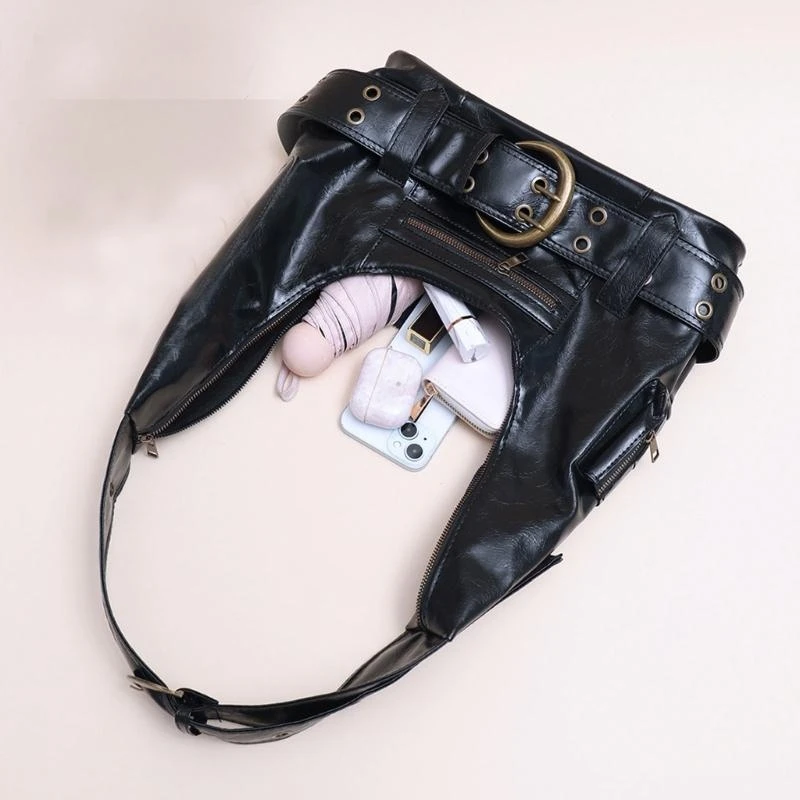 

E8FB Women's Evning Purse PU Shoulder Bag Buckles Punk Studded Designs Fashionable Underarm Bags for Various Occasion