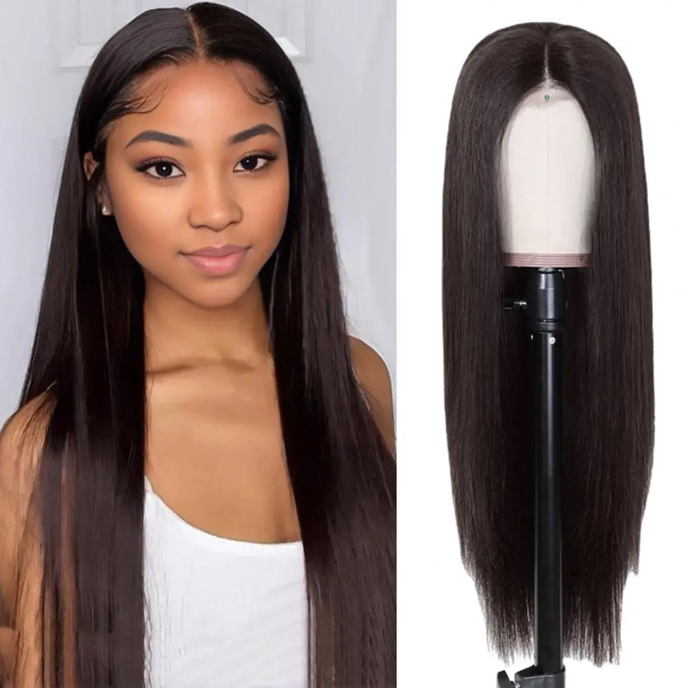 Women Long Straight Wig Middle Part Natural Looking Silky Heat Resistant High Temperature Fiber Ladies Black Brown Synthetic Hai